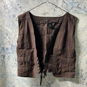 Brown cotton vest, large hook and eye closure and back tie